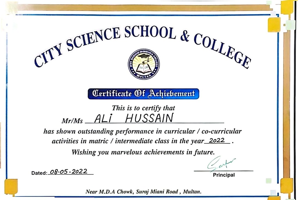 City Science College Achievement Certificate issued by City Science College